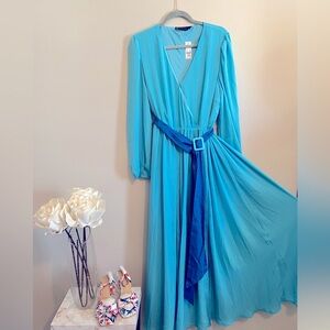 New York & Co Blue Wrap Long Sleeve Maxi Dress with belt. Flattering for Plus.